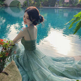 Vacation Photo High-Level Feeling Waist Beach Bare Back Big Skirt Sling A Word Long Dress