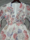 Style Dress 2025 Summer V-Neck Bubble Sleeves Mid-Sleeve Fresh Sweet Three-Dimensional Flower Print Dress