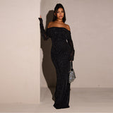 Autumn 2025 New Sexy Dress Temperament Body-Slid One-Word Shoulder Dress Woman DJPT