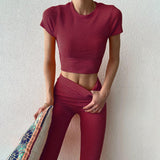 Autumn 2025 New Women's Clothing Fashion Style Casual Solid Color Buff Short Sleeve Trousers Set DJPT