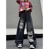 Vintage High Street Design Hole Jeans Women's High-Lumn Loose Vibe Fried Street Trousers DJPT