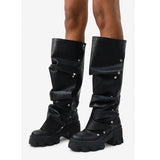 Women's Shoes New High-Heeled Thick-Hed Thick-Sed Round Head Metal Rivets Two Piles Of Heaps And Knee Boots Large Size Women's Shoes High Quality Shoes