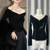 Zhao Sanguan 2024 New One-Word Shoulder Elastic Wrinkled Top Elegant Long-Sleeved T-Shirt