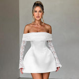 Women's First-Word Lace Splicing Long Sleeves To Close The Waist A Swing Dress DJPT