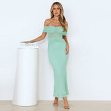 Women's Solid Color Bare Back One-Word Shoulder Shrinkage Folded And Hip Long Dress DJPT