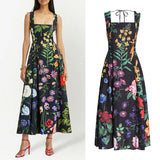 Temperament Elegant Wind Printed Dress 2025 Summer New Square Collar Nail Beads High-Belt Strap Sling Skirt