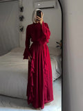New Chiffon Ear Splicing Chiffon Temperament Half-High Collar Long Dress