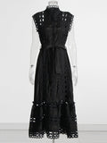 Retro Niche Design 2025 Summer Collar Sleeveless Hollow Perspective Design Solid Color Long Dress Dress Women's