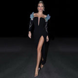 Card Shoulder Long Sleeves Chest V-Neck Pattern Hot Diamond Banded Dress Sexy Temperament Dress Dress