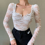 Temperament Lace Mesh Long-Sleeved Top Woman Women's Summer New Sexy Commuter T-Shirt DJPT