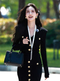 Autumn And Winter Pa Family Fashion Famous Woman Goddess Metal Buckle V-Neck Black Thin Knitted Dress