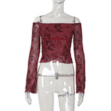 Shoulder Mesh Printing Long-Sleeved Top 2025 Summer New Fashion Hottie T-Shirt Girl DJPT