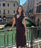 Retro Black V-Neck Rose Crush Babes Body Dress Female Pure Ass Long Skirt