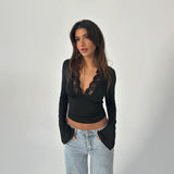 Sexy Lace Side Deep V-Neck Long-Sleeved Top-Bottomed Women's Autumn 2025 Blouse DJPT