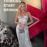 Summer 2025 New Temperament Sexy Sling V Tie Fine Flash Back Dress Dress Woman DJPT