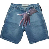 Hip-Hop Trend Pattern Print Denim Shorts Men's High Street Trendy Couple Casual Five-Point Pants DJPT
