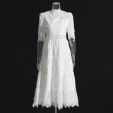 Fresh Sweet Wind 2025 Summer New Bubble Sleeve Lace Hollow Splicing Lace High Waist Dress