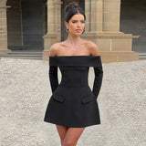 Sexy Wind Shoulder A Swing Dress Woman Autumn New Temperament Elegant Body Ass Skirt DJPT