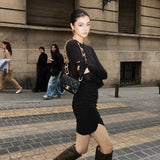 Zhao Sanguan 2024 New Black Folded Skirt Temperament Waist Horn Sleeve Dress