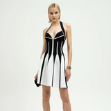 New Women's Sexy Black And White Stripe Hanging Back Hanging Neck Knitted Banded Dress