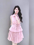 Design Pink Temperament Beads Top 2024 Summer Beauty POLO Received Waist 100 Folded Skirts Two Pieces