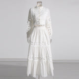 Famous Wind 2025 Summer New Lace Collar Long Sleeves Bare Waist Shirt High Waist Half Dress Solid Two Sets