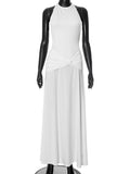 Women's Solid Color Sleeveless Hanging Neck Densified A-Shaped Long Dress DJPT