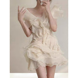 Niche French Lotus-Side Fairy-Style Fascles Languid Languie Shoulder Irregular Dress