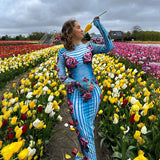 Rose-Print Striped Long-Sleeved Dress 2025 Summer New Temperament-Packed And Hip Dress Girl DJPT