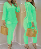 Explosion Color New Plain Horn Sleeve V Collar Top And Trousers Fashion Lady Set DJPT