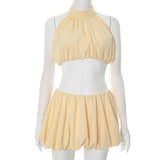 Women's Summer New Fashion Solid Color Hanging Neck Sex Short Skirt Set DJPT