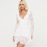 Women's Clothing V-Neck Dew Back Lace Fabric Splicing Elegant Short Skirt DJPT