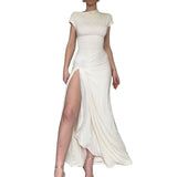 Knitted Round Collar Sexy Open Fork Dress Woman 2025 Summer New Stylish Black Dress DJPT