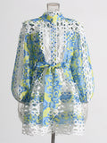 Bohemian 2025 Summer New Neck Lantern Sleeves With Hollow Print Dress Woman