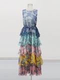 Retro Niche Print Cake Dress 2025 Summer New Hanging Neck Sleeveless Long Dress Woman