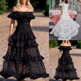 Summer New Women's Dress A Word Shoulder Lotus Side Hollow Lace Dress Dress DJPT