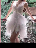 2025 White Feathers Hollow V-Necked Dress 9009