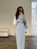 New Solid-Colored Set Of Fassing Bat Shawl Temperament Waist Long-Sleeved Dress