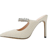 Women's Shoes Brand White Pearl Tip High Heel Fashion Half-Empty Ladies Sandals High Quality Shoes
