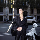 Sanguan Black V-Neck Long-Sleeved Lace Shirt Female New High-End Temperament Retro Bottoming Top