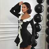 Women's Clothing Hit The Color Lotus Leaf Side Horn Long-Sleeved Lace Elegant Style Skirt DJPT