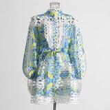 Bohemian 2025 Summer New Neck Lantern Sleeves With Hollow Print Dress Woman
