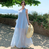 Luxury Small Loose Blue Hanging Neck Morning Robe Three-Dimensional Flower Beach Dress Dress Bridal Dress Female