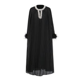 Selling Explosion Famous Wind 2025 Spring New Round Collar Studded Hundred Folded Ostrich Hair Pure Color Dress