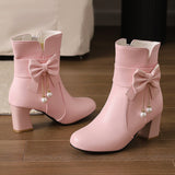 Size Women's Shoes Bows Coarse And Short Boots Women's Korean Version Of High Heel Boots High Quality Shoes