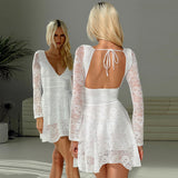 Women's Clothing V-Neck Dew Back Lace Fabric Splicing Elegant Short Skirt DJPT