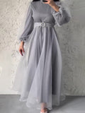 Spring 2024 New Half-High Neckernet Yarn Elegant Thin Lantern Sleeve Dress Woman