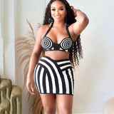 Fashion Black And White Striped Set Sexy Hanging Neck On The Back Of The Short Skirt Bandage Two Sets Of Women