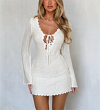 Women's New Knitted Tying Dress With Long Sleeves And Hip Mini Skirt HZ0628