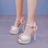 Cm High-Heeled Sandals Rice Pearl Fish Mouth High Heel Sandals Fine Heel Waterproof Table Bridal Wedding Dress Sandals High Quality Shoes